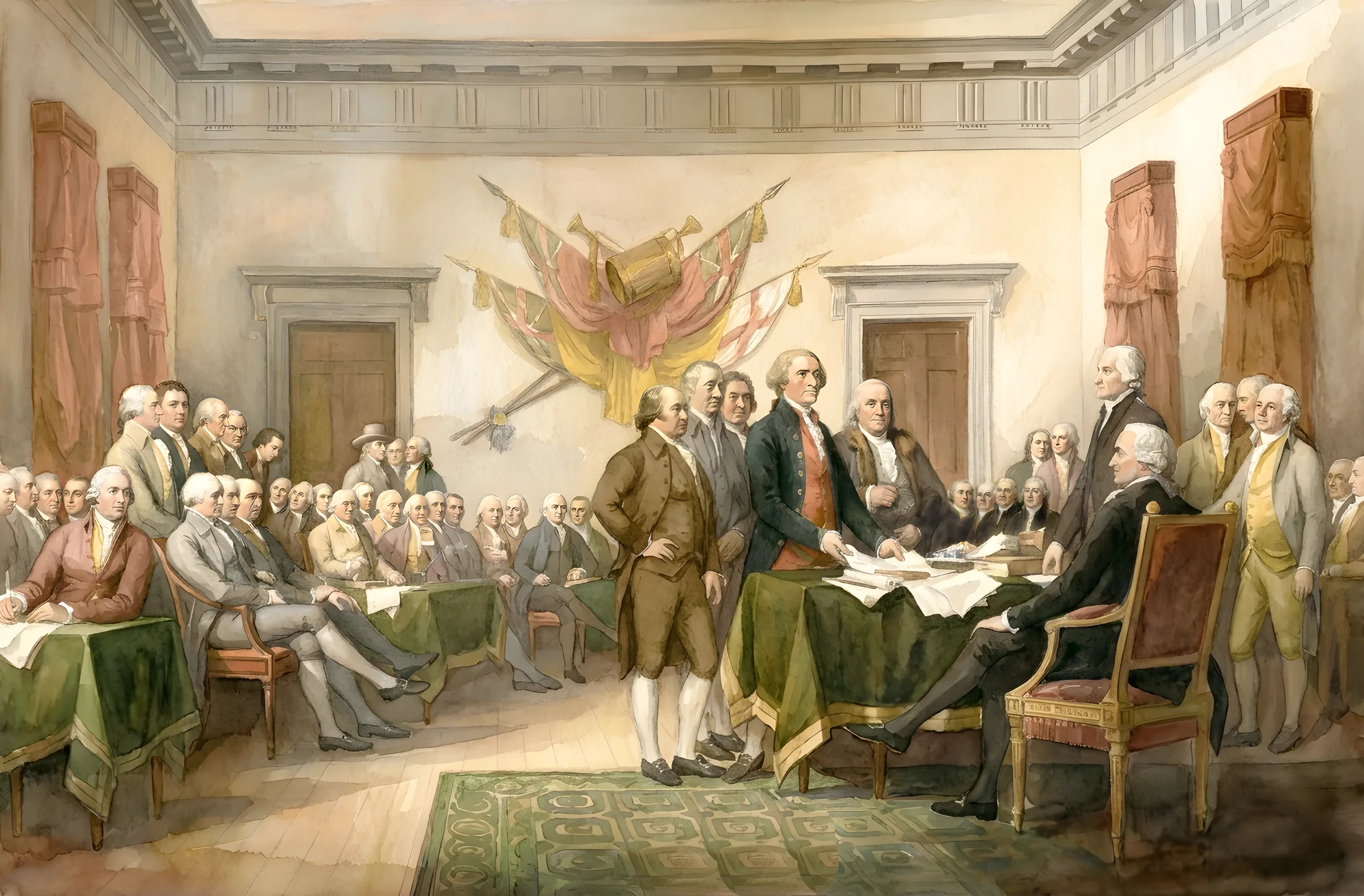 Treated plate after John Trumbull's Declaration of Independence: the drafting committee presents the Declaration to Congress.